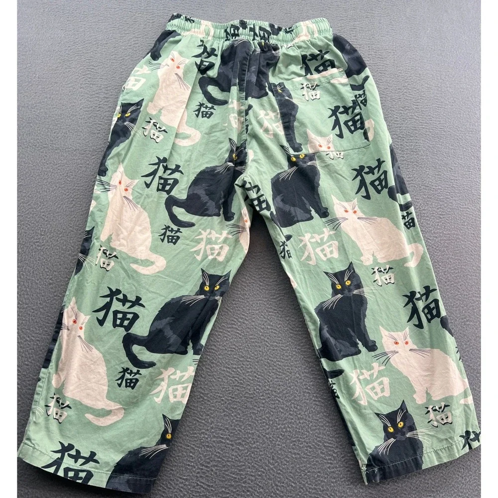 Kidoriman Pajama Pants Lounge Womens Sz M Green Cats Japanese Kanji Drawstring - Picture 9 of 14